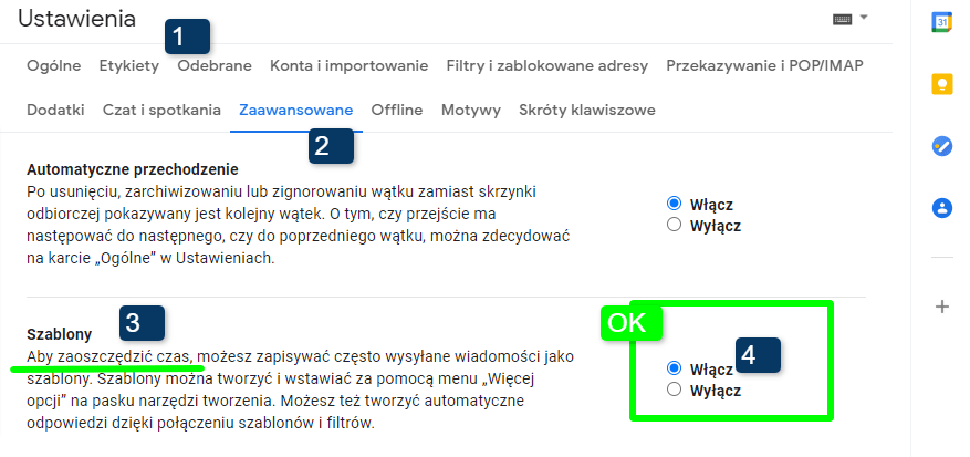 Screen okna ustawień poczty Gmail z zaznaczonymi kolejnymi krokami  pozwalającymi na sprawdzenie lub/i włączenie szablonów w naszej skrzynce (ustawienia/zaawansowane/szablony)