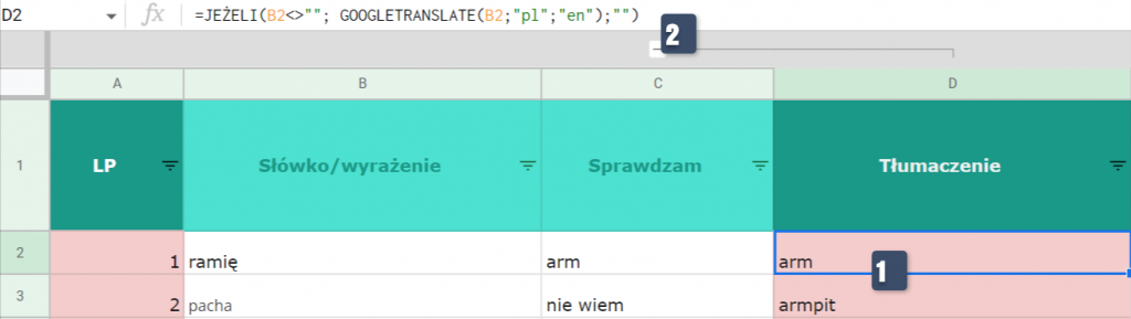 Formuła zawierająca funkcję Jeżeli i Googletranslate. Jężyk źródłowy pl, język docelowy angielski